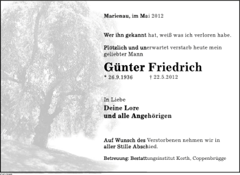 Traueranzeige von Günter Friedrich von Deister- und Weserzeitung