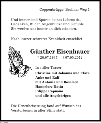 Traueranzeige von Günther Eisenhauer von Deister- und Weserzeitung