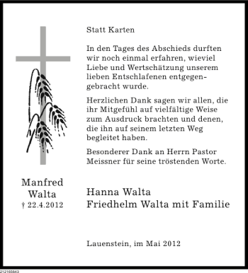 Traueranzeige von Hanna Walta Friedhelm Walta Manfred Walta  von Deister- und Weserzeitung