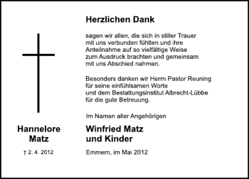 Traueranzeige von Hannelore Matz von Deister- und Weserzeitung