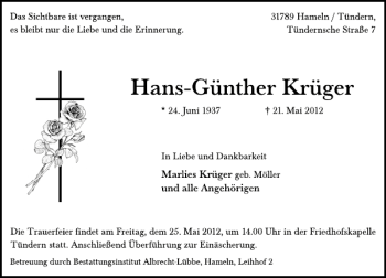 Traueranzeige von Hans-Günther Krüger von Deister- und Weserzeitung