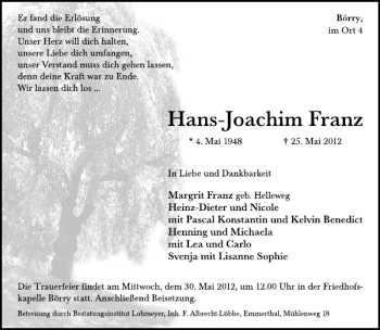 Traueranzeige von Hans-Joachim Franz von Deister- und Weserzeitung