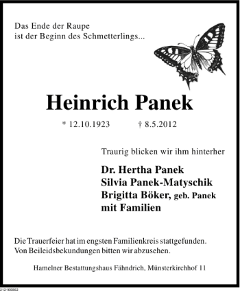 Traueranzeige von Heinrich Panek von Deister- und Weserzeitung
