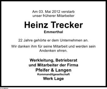 Traueranzeige von Heinz Trecker von Deister- und Weserzeitung