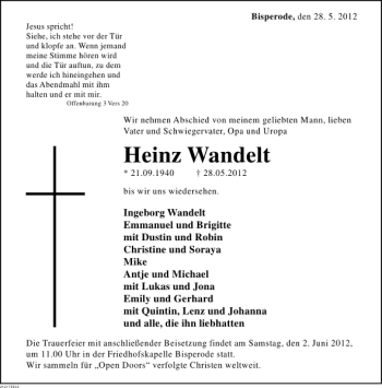 Traueranzeige von Heinz Wandelt von Deister- und Weserzeitung
