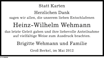 Traueranzeige von Heinz-Wilhelm Wehmann von Deister- und Weserzeitung