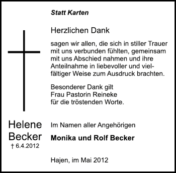 Traueranzeige von Helene Becker von Deister- und Weserzeitung