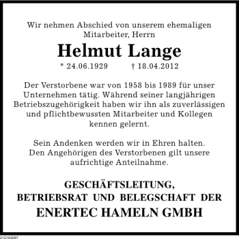 Traueranzeige von Helmut Lange von Deister- und Weserzeitung