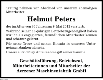 Traueranzeige von Helmut Peters von Deister- und Weserzeitung