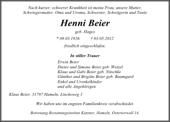 Traueranzeige von Henni Beier von Deister- und Weserzeitung