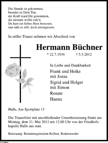Traueranzeige von Hermann Büchner von Deister- und Weserzeitung