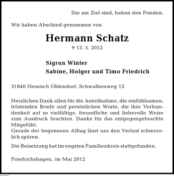 Traueranzeige von Hermann Schatz von Deister- und Weserzeitung