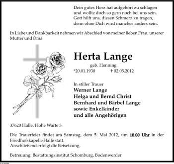 Traueranzeige von Herta Lange von Deister- und Weserzeitung