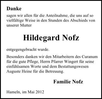 Traueranzeige von Hildegard Nofz von Deister- und Weserzeitung