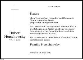 Traueranzeige von Hubert Herschowsky von Deister- und Weserzeitung