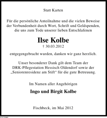 Traueranzeige von Ilse Kolbe von Deister- und Weserzeitung