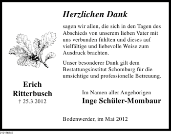 Traueranzeige von Inge Schüler-Mombaur Erich Ritterbusch von Deister- und Weserzeitung