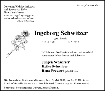 Traueranzeige von Ingeborg Schwitzer von Deister- und Weserzeitung