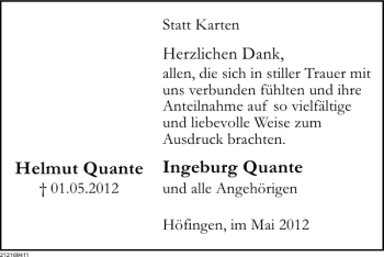 Traueranzeige von Ingeburg Quante Helmut Quante von Deister- und Weserzeitung