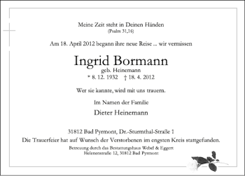 Traueranzeige von Ingrid Bormann von Deister- und Weserzeitung