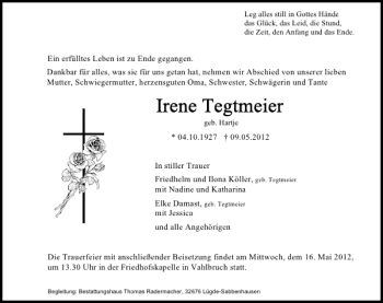 Traueranzeige von Irene Tegtmeier von Deister- und Weserzeitung