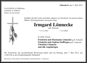Traueranzeige von Irmgard Lönnecke von Deister- und Weserzeitung