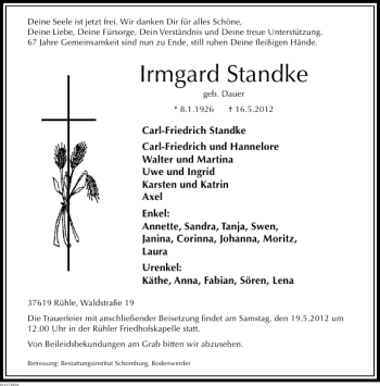 Traueranzeige von Irmgard Standke von Deister- und Weserzeitung