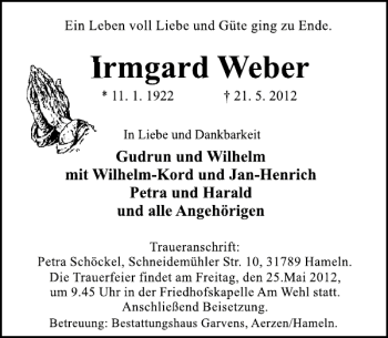 Traueranzeige von Irmgard Weber von Deister- und Weserzeitung