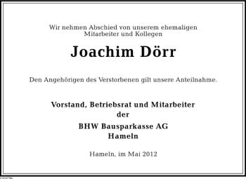Traueranzeige von Joachim Dörr von Deister- und Weserzeitung