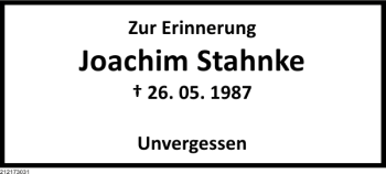 Traueranzeige von Joachim Stahnke von Deister- und Weserzeitung