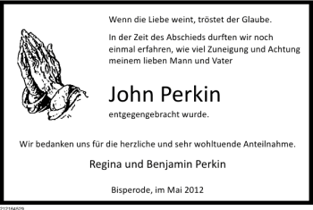 Traueranzeige von John Perkin von Deister- und Weserzeitung