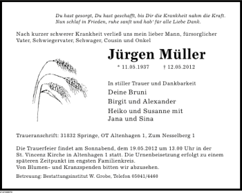 Traueranzeige von Jürgen Müller von Deister- und Weserzeitung