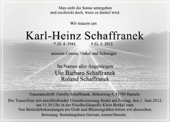 Traueranzeige von Karl-Heinz Schaffranek von Deister- und Weserzeitung
