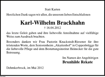 Traueranzeige von Karl-Wilhelm Brackhahn von Deister- und Weserzeitung