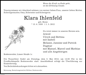 Traueranzeige von Klara Ihlenfeld von Deister- und Weserzeitung