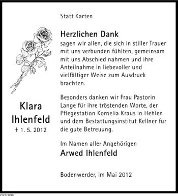 Traueranzeige von Klara Ihlenfeld von Deister- und Weserzeitung