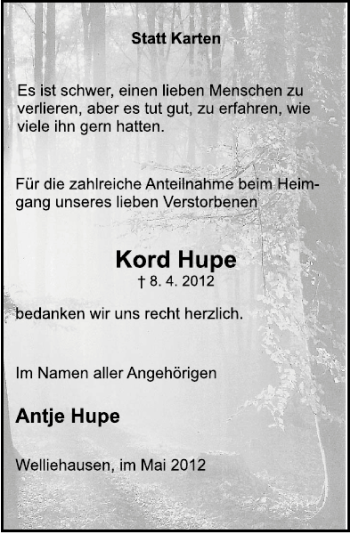 Traueranzeige von Kord Hupe von Deister- und Weserzeitung