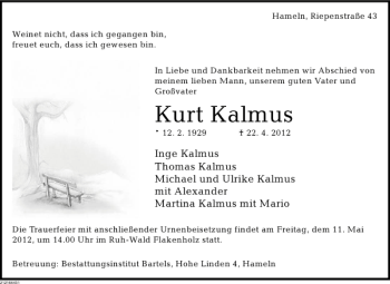 Traueranzeige von Kurt Kalmus von Deister- und Weserzeitung