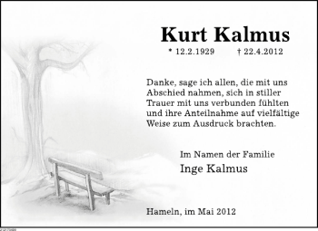 Traueranzeige von Kurt Kalmus von Deister- und Weserzeitung