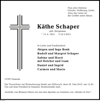 Traueranzeige von Käthe Schaper von Deister- und Weserzeitung