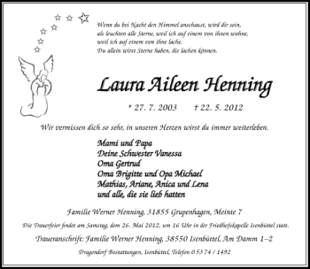 Traueranzeige von Laura Aileen Henning von Deister- und Weserzeitung