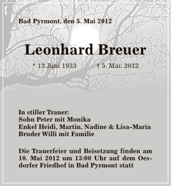 Traueranzeige von Leonhard Breuer von Deister- und Weserzeitung