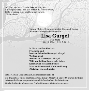 Traueranzeige von Lisa Gurgel von Deister- und Weserzeitung