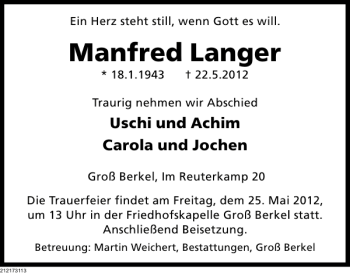 Traueranzeige von Manfred Langer von Deister- und Weserzeitung