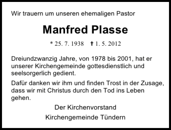 Traueranzeige von Manfred Plasse von Deister- und Weserzeitung