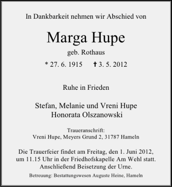 Traueranzeige von Marga Hupe von Deister- und Weserzeitung
