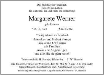 Traueranzeige von Margarete Werner von Deister- und Weserzeitung