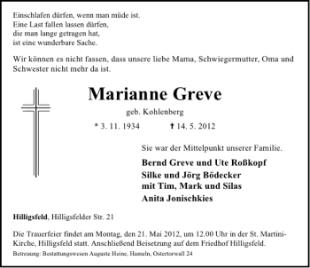 Traueranzeige von Marianne Greve von Deister- und Weserzeitung