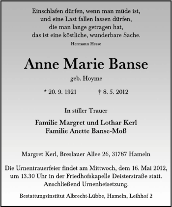 Traueranzeige von Marie Banse von Deister- und Weserzeitung