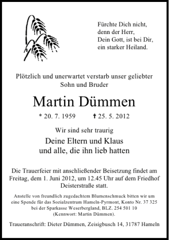 Traueranzeige von Martin Dümmen von Deister- und Weserzeitung